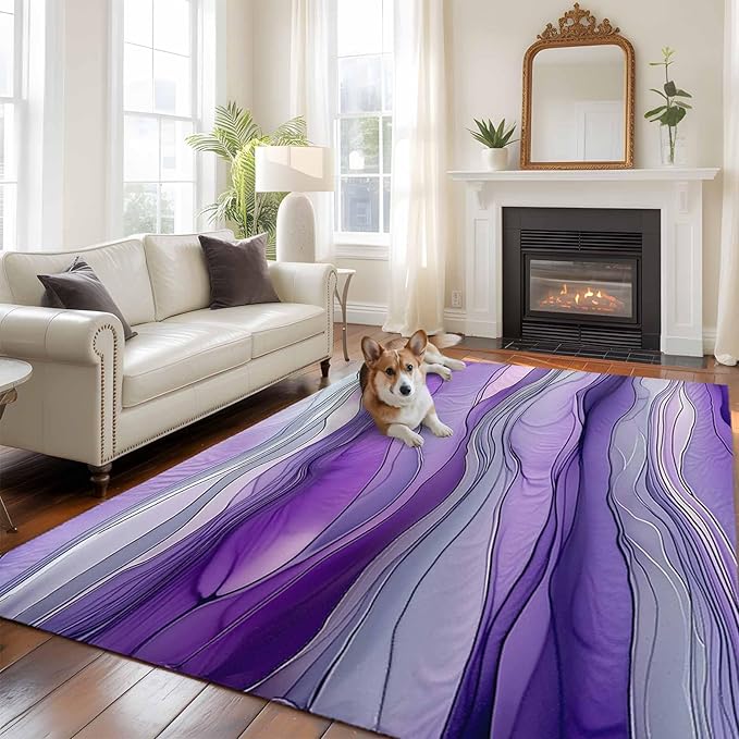 Area Rug 6x9ft, Abstract Art Purple Gray Wave Washable Rugs for Living Room Bedroom, Vintage Marble Texture Soft Non-Slip Area Rugs Rectangle Floor Carpet for Dining Room