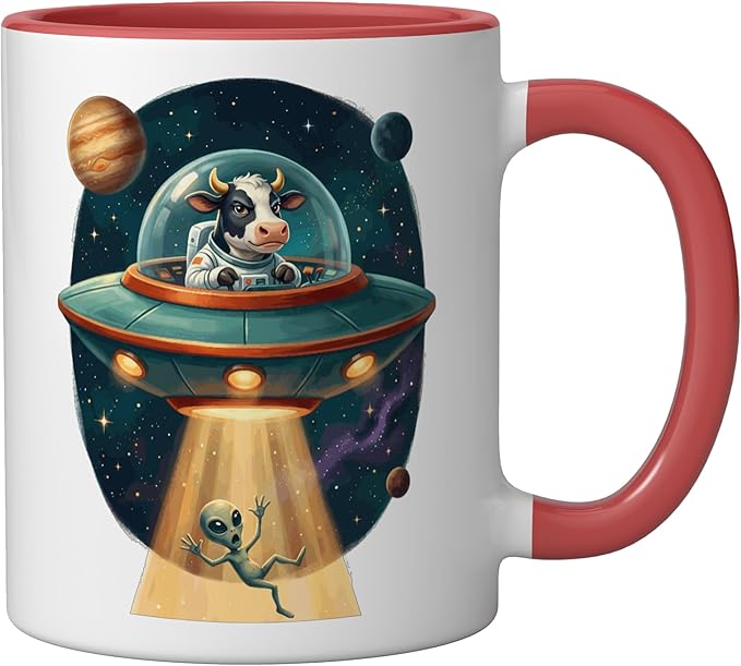 Funny Cow Astronaut UFO Abducting Alien Space Graphic Ceramic Mug, Red/White