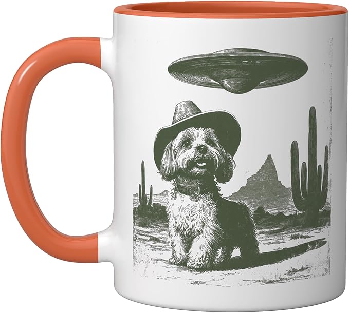 Retro Cowboy Dog UFO Desert Landscape Art Ceramic Mug, Orange/White