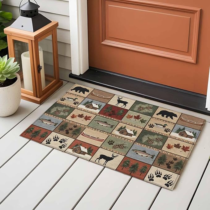 Area Rug 2x3ft, Vintage Bear Forest Deer Fish Village Washable Rugs for Living Room Bedroom, Retro Wildlife Themes Soft Non-Slip Area Rugs Rectangle Floor Carpet for Dining Room
