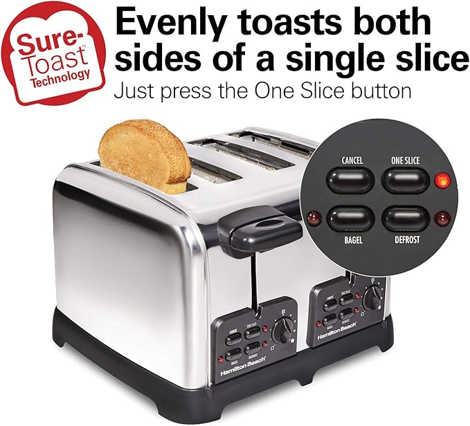 Hamilton Beach 24782 Retro Toaster with Wide Slots, Sure-Toast echnology, Bagel & Defrost Settings, Auto Boost to Lift Smaller Breads, 4 Slice, Polished Stainless Steel