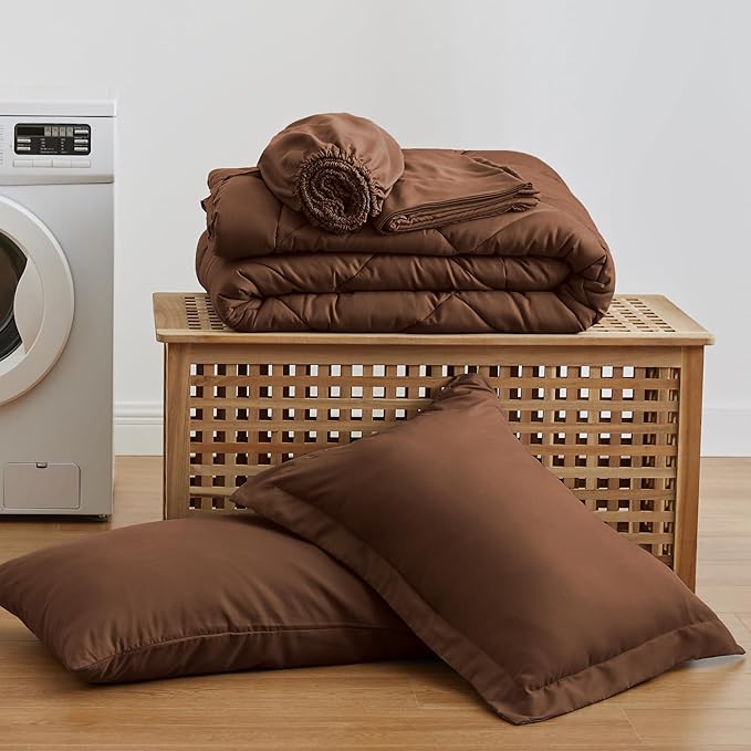 Love's cabin Twin XL Comforter Set Brown, 5 Pieces Twin XL Bed in a Bag, All Season Bedding Sets with 1 Comforter, 1 Flat Sheet, 1 Fitted Sheet, 1 Pillowcase and 1 Pillow Sham | Soft, Breathable, Lightweight, Comfortable