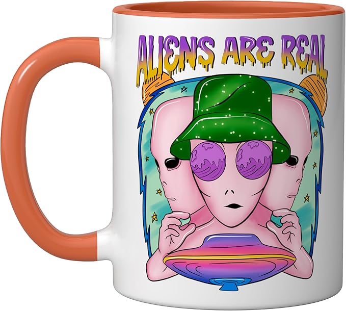 Aliens Are Real UFO Flying Saucer Grey Alien Sci-Fi Art Ceramic Mug, Orange/White