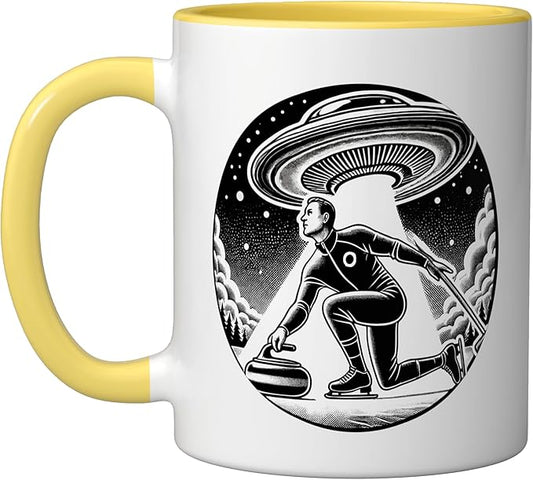 Curling Curl Curler Sport Men Guys Male Ice Outer Space Ceramic Mug, Yellow/White