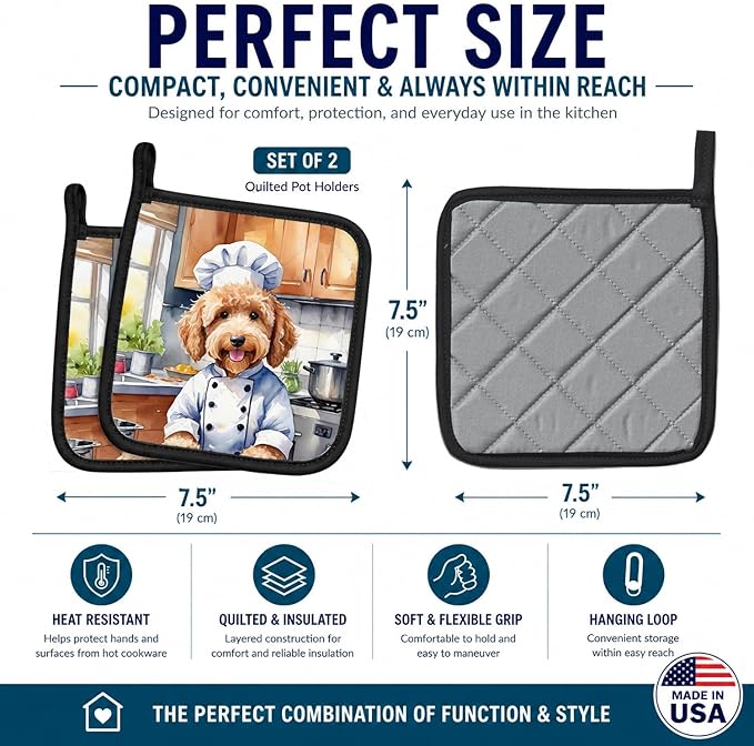 Caroline's Treasures Goldendoodle The Chef Pair of Pot Holders Kitchen Heat Resistant Pot Holders Sets Oven Hot Pads for Cooking Baking BBQ, 7 1/2 x 7 1/2