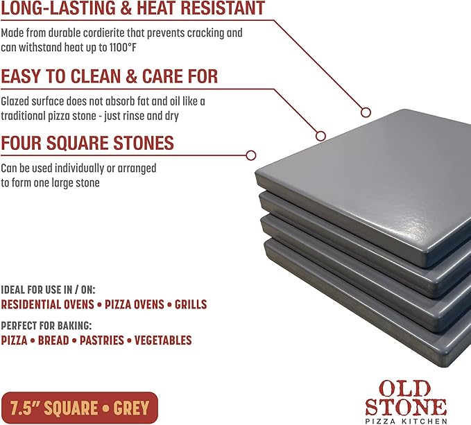 Old Stone 4-Piece Glazed Cordierite Pizza Stone Set, Four 7.5 inch Stones Form 15 x15 inch Baking Surface, Durable, Heat-Resistant for Oven & Grill