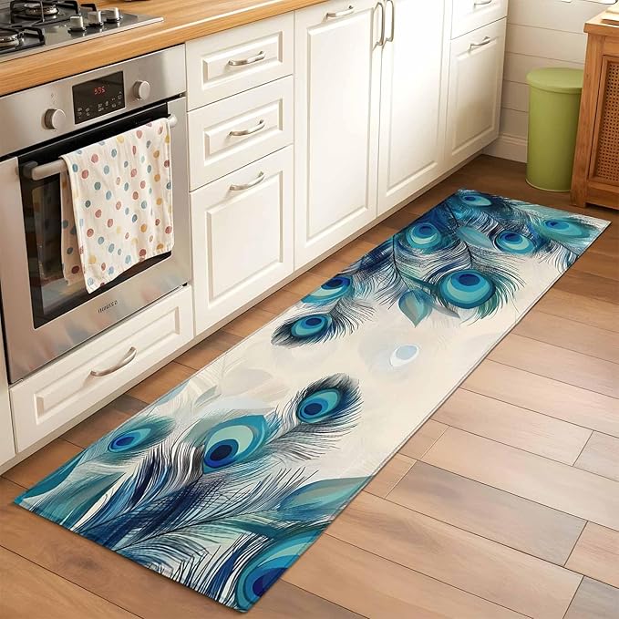 Runner Rug for Bedroom Hallway, Abstract Animal Art Peacock Feather Kitchen Runner Rugs Area Rug 2x6ft, Watercolor Blue Eyes Beige Washable Soft Floor Carpet for Entryway Stair
