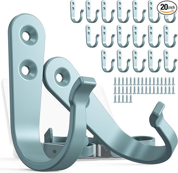 BREYDROK 20PCS Heavy Duty Metal Wall Hooks, Coat Hooks for Hanging - Single Prong with 40 Screws (Coats Towels Backpacks) - Light Blue