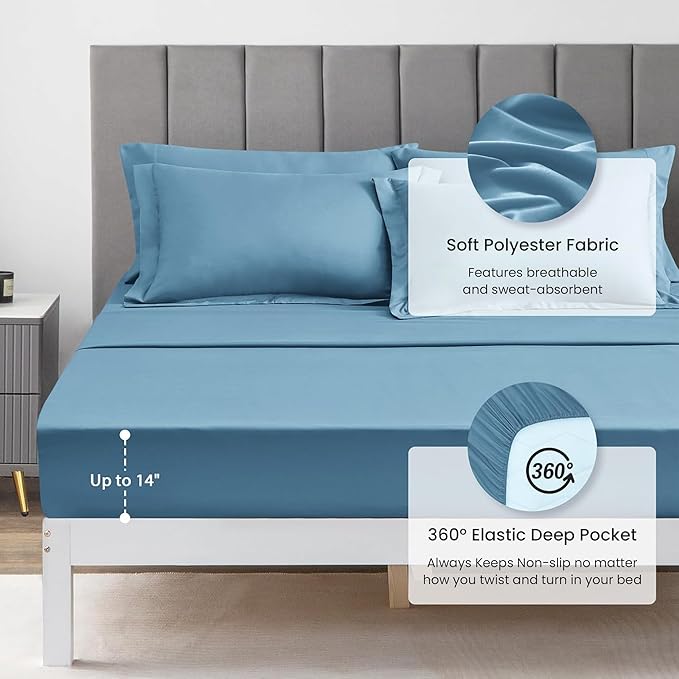 Love's cabin Full Comforter Set Misty Blue, 7 Pieces Full Bed in a Bag, All Season Bedding Sets with 1 Comforter, 1 Flat Sheet, 1 Fitted Sheet, 2 Pillowcase and 2 Pillow Sham | Soft, Breathable, Lightweight, Comfortable