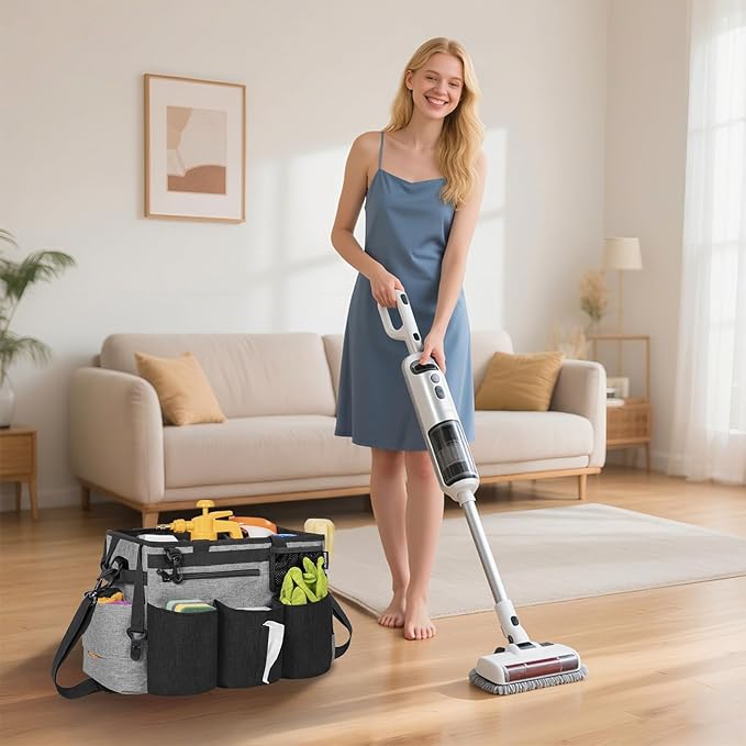 IBVIVIC Wearable Cleaning Caddy Bag for Cleaning Supplies,Large Capacity Cleaning Organizer Grey