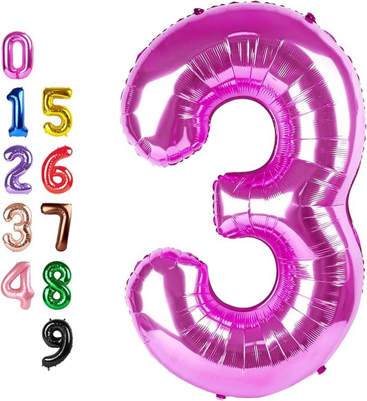 40 Inch 3rd Number Balloons, Three Hot Pink Happy Birthday Balloons for Girls Boys Babies, Number Balloons for 3 13 23 30 Wedding Bridal Shower Anniversaries Party