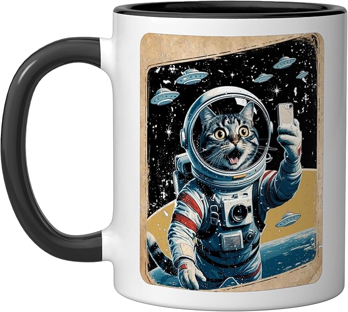 Space Cat Astronaut UFO Funny Sci-fi Alien Selfie Ceramic Mug, Black/White