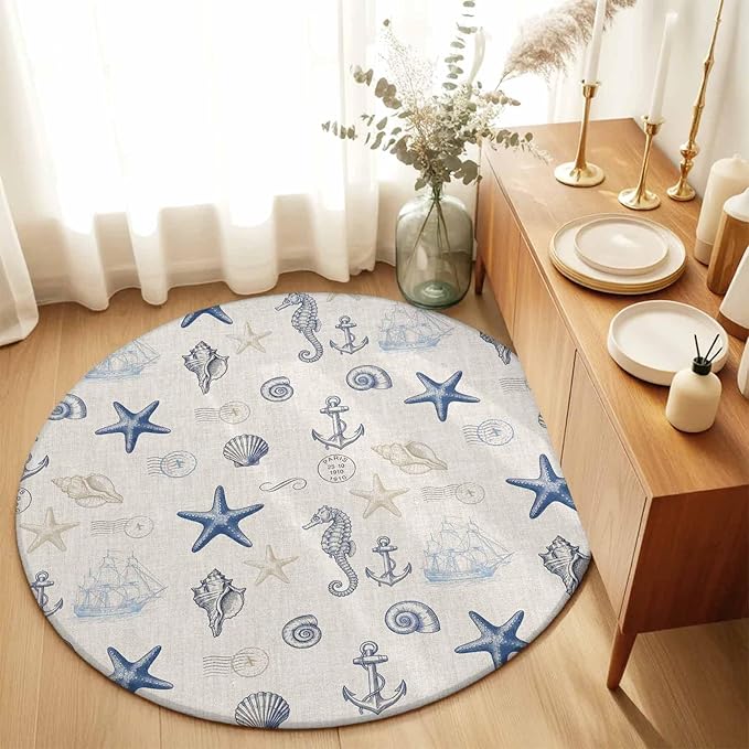 Washable Round Area Rug Coastal Seahorse Starfish Shell Conch Circle Rugs Floor Carpet for Living Room Bedroom, Vintage Nautical Anchor Soft Non Slip Round Rug 3ft