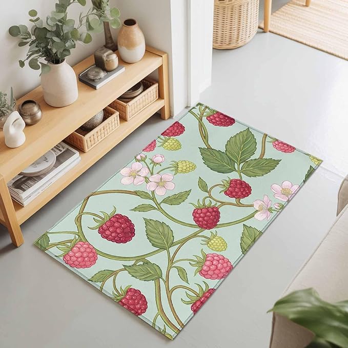 Area Rug 2x3ft, Farmhouse Berry Red Pink Blossoms Flower Washable Rugs for Living Room Bedroom, Green Leaves Soft Non-Slip Area Rugs Rectangle Floor Carpet for Dining Room