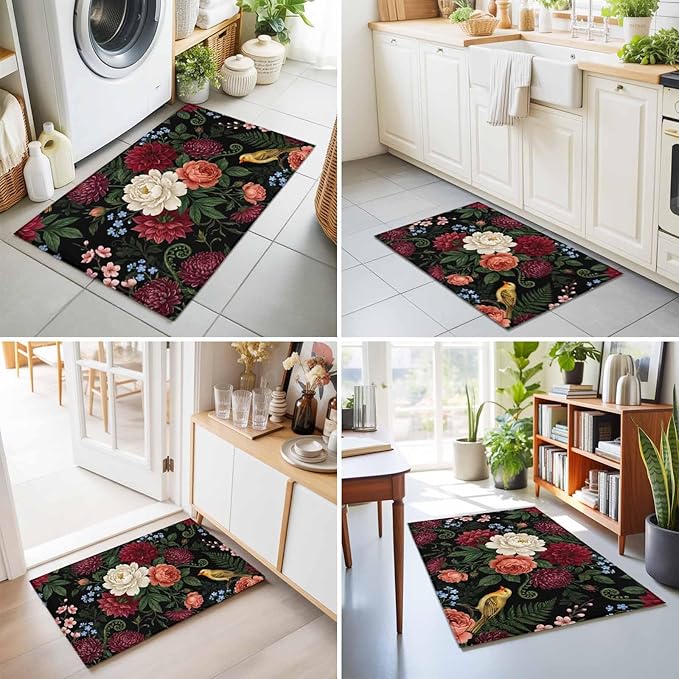 Area Rug 2x3ft, Pastoral Colorful Flower Leaf Washable Rugs for Living Room Bedroom, Country Blossom Floral Bird Soft Non-Slip Area Rugs Rectangle Floor Carpet for Dining Room