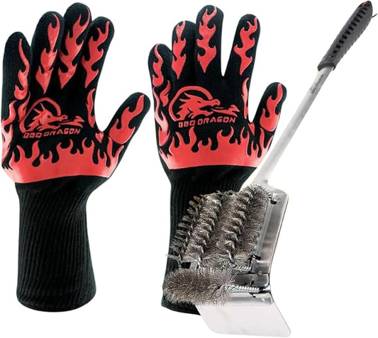 BBQ Dragon Ultimate Grill & Smoke Cleaning Bundle — Heavy Duty Heat Resistant BBQ Gloves + Stainless Steel Grill Brush and Scraper for Outdoor Barbecue, Grilling & Smoking