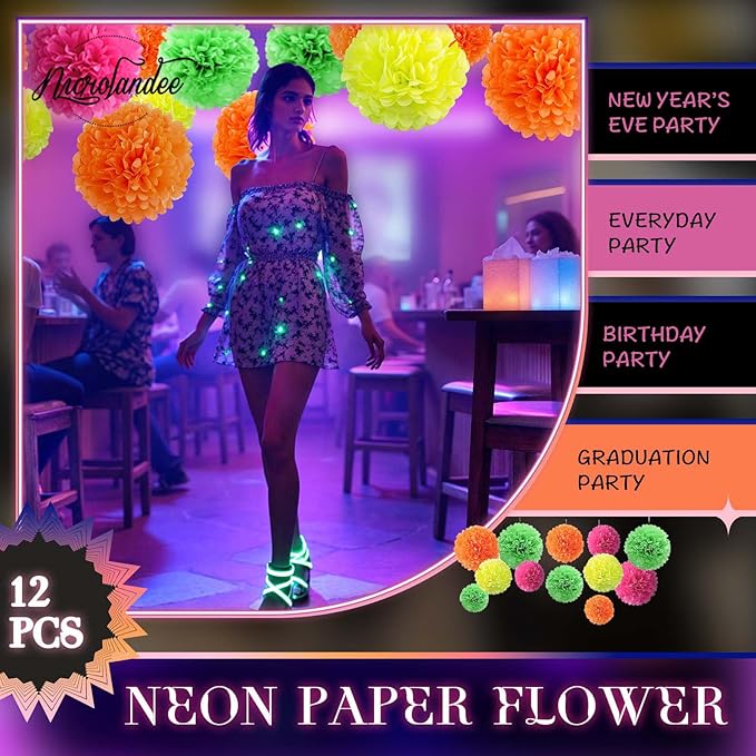 NICROLANDEE Blacklight Party Decorations - 12 PCS Fluorescent Neon Tissue Paper Pom Poms for Birthday, Wedding, Baby Shower, Glow-in-The-Dark, Neon, Prom Dance Party Photography