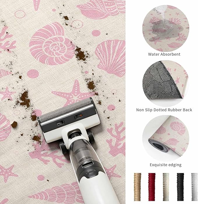 Area Rug 4x6ft, Ocean Pink Shell Coral Conch Washable Rugs for Living Room Bedroom, Marine Starfish on Farm Burlap Soft Non-Slip Area Rugs Rectangle Floor Carpet for Dining Room