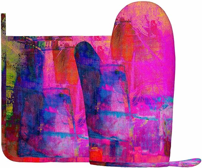 Mxocom Art Abstract Silicone Oven Mitts and Pot Holders Sets Bright Fuchsia Magenta Pink Red Yellow Green and Blue BBQ Gloves for Kitchen,Cooking,Baking,Grilling
