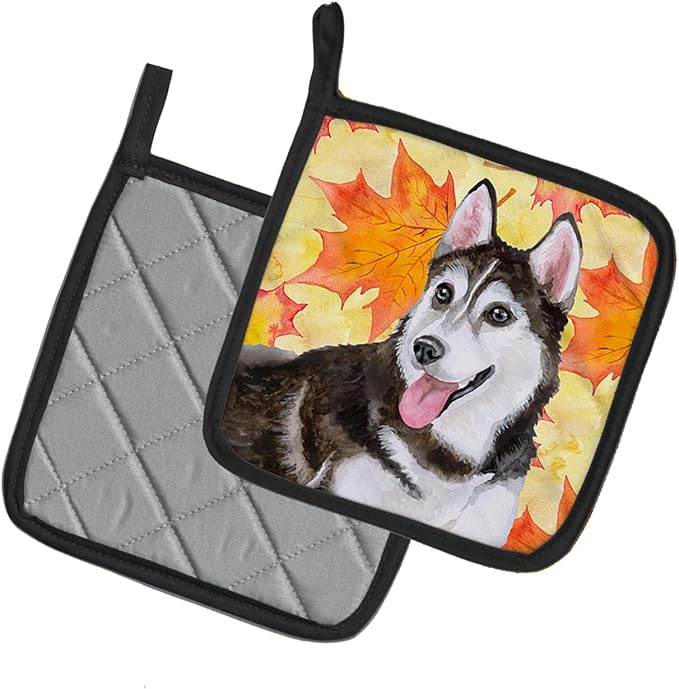 Caroline's Treasures BB9973PTHD Siberian Husky #2 Fall Pair of Pot Holders, Yellow Kitchen Heat Resistant Pot Holders Sets Oven Hot Pads for Cooking Baking BBQ, 7 1/2 x 7 1/2