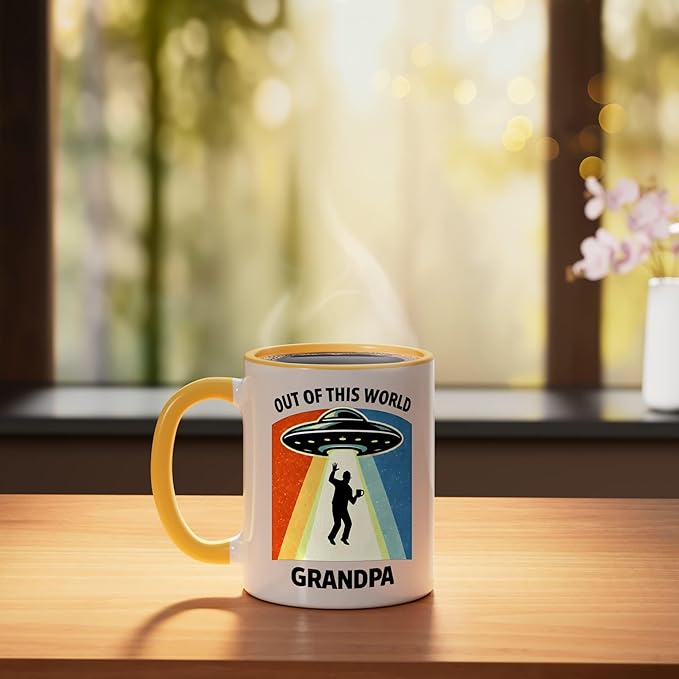 Out of This World Alien Grandpa UFO Abduction Grandfather Ceramic Mug, Yellow/White