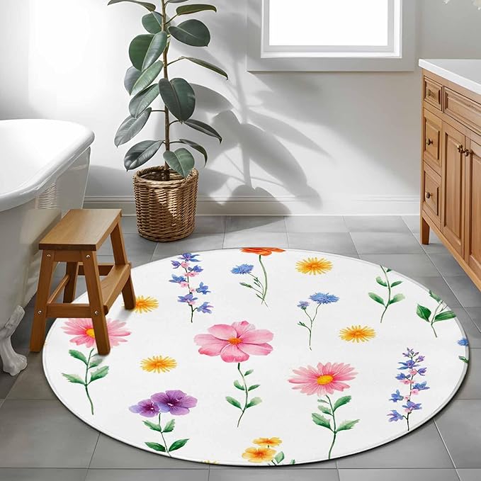 Washable Round Area Rug Watercolor Farmhouse Flower Circle Rugs Floor Carpet for Living Room Bedroom, Yellow Pink Purple Blue Floral Soft Non Slip Round Rug 3ft