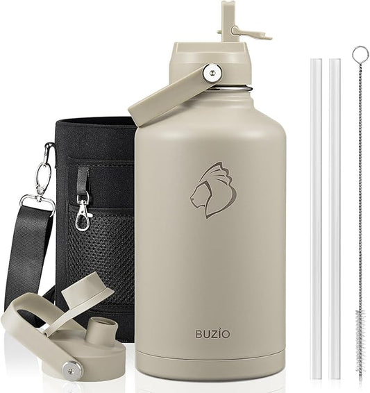 BUZIO 64oz Insulated Water Bottle, Half gallon Stainless Steel Jug (Cold for 48 Hrs), Triple Wall Vacuum Large Metal Flask with Leakproof Straw Lid and Carry Sleeve, Greige