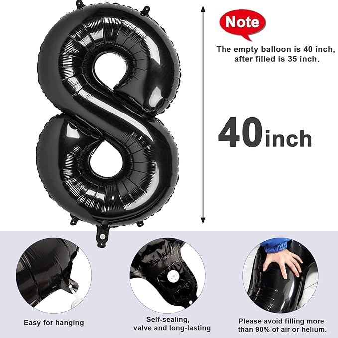 40 Inch Number 8 Balloon, Black 8 18 28 80 Birthday Balloons for Men Boys, 8th Birthday Decorations Party Supplies, Wedding, Graduations