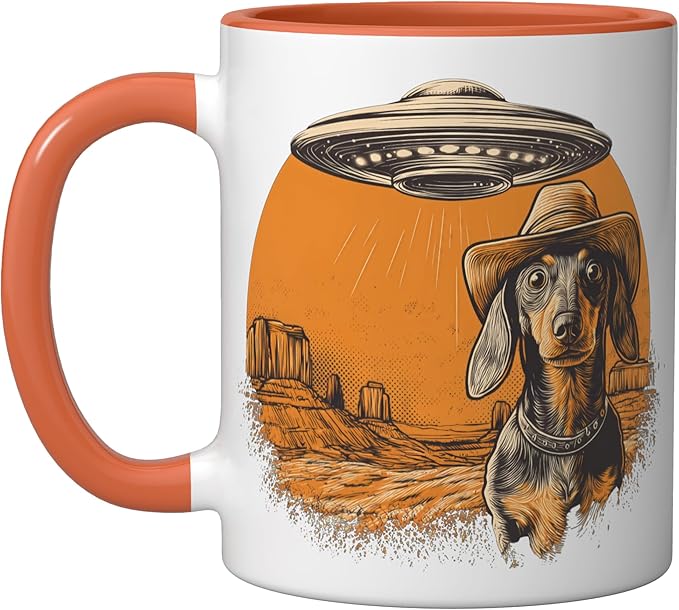 Retro Western UFO Dachshund Cowboy Alien Sci Fi Desert Ceramic Mug, Orange/White