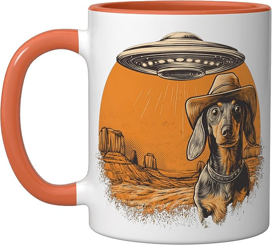 Retro Western UFO Dachshund Cowboy Alien Sci Fi Desert Ceramic Mug, Orange/White