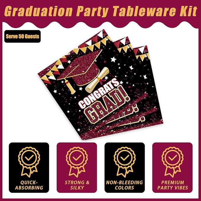 Kepeel 200Pcs 2026 Graduation Party Tableware Set, Maroon Gold Class of 2026 Party Decorations Supplies for Boys Girls Congratulate Graduation Disposable Paper Plates Napkins Forks Favors, Serve 50