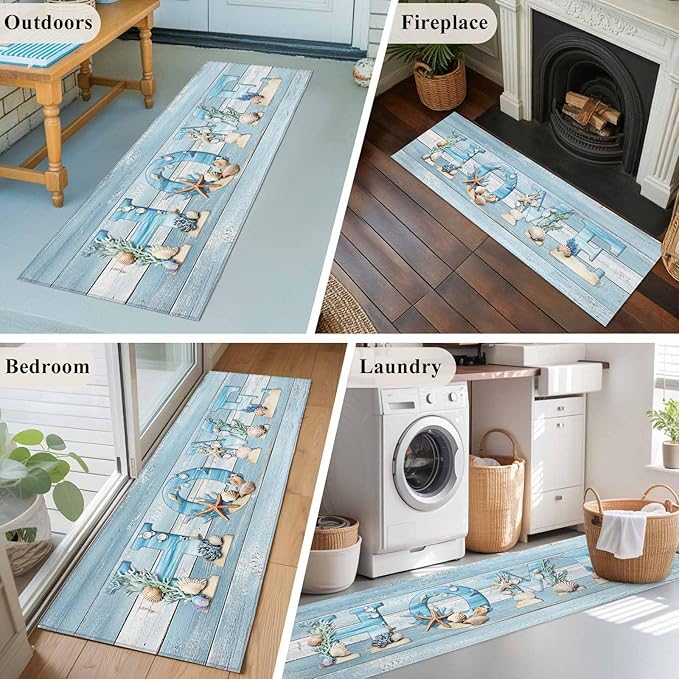 Runner Rug for Bedroom Hallway, Summer Ocean Beach Shell Home Quote Kitchen Runner Rugs Area Rug 2x6ft, Farm Blue Wood Board Washable Soft Floor Carpet for Entryway Stair