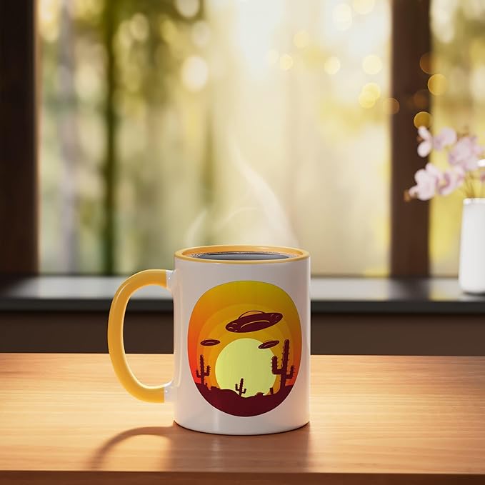 UFO Alien Abduction Conspiracy Vintage Nevada Desert Sunset Ceramic Mug, Yellow/White