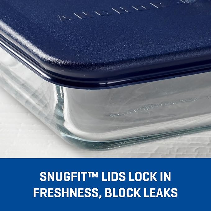 Anchor Hocking 11-Cup Glass Storage Containers with Lids, Set of 2 Glass Food Storage Containers with Navy SnugFit Lids