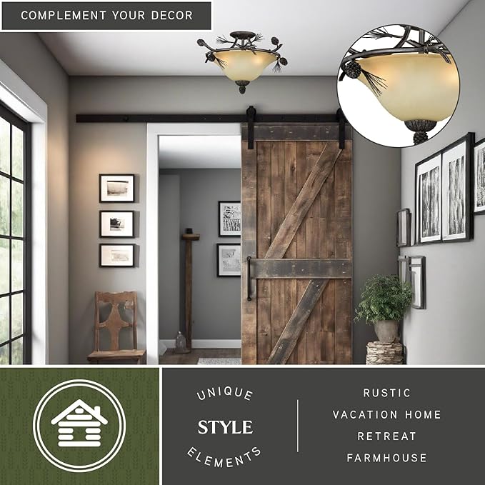 VAXCEL Sierra 18-in W Bronze Rustic Pinecone Bowl Semi Flush Mount Ceiling Light Cream Glass