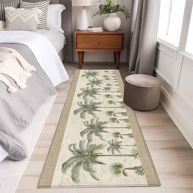 Runner Rug for Bedroom Hallway, Coastal Tropical Olive Green Palm Trees Kitchen Runner Rugs Area Rug 2x6ft, Classic Retro Linen Washable Soft Floor Carpet for Entryway Stair