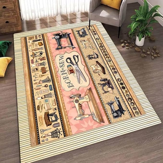 Colorful Buttons Elements Bordered Patchwork Rugs for Bedroom Non-Slip Vintage Sewing Machine Themed Area Rug Office Decor Fashion Scissors Rectangular Floor Mat 5'x7'