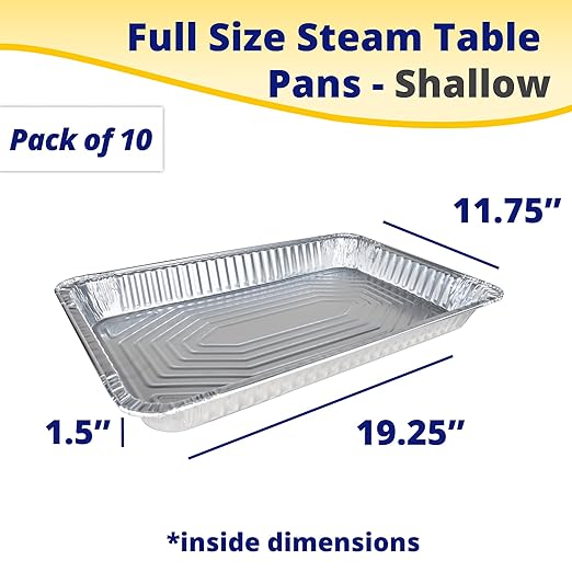 IDL Packaging Full Size Aluminum Steam Table Pans - Shallow, 21" x 13" x 1.5" (pack of 10) - Disposable Foil Pan for Grilling, Roasting, BBQ, Cooking, Baking, Freezing