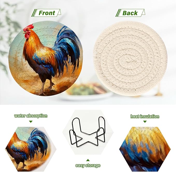 YETTASBIN Rooster 6 Pcs Drink Coasters with Holder, Cotton Woven Absorbent Heat-Resistant Round Coaster Non-Slip Table Mat for Kitchen Bar Home Decor Housewarming Gift, 3.9 in