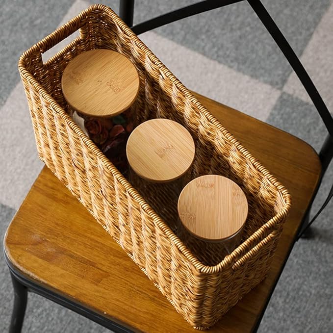 Happyyami Hand-Woven Magazine Basket Magazine Wicker Basket Rattan Magazine Holder Desk Storage Baskets with Handle for Bathroom Office