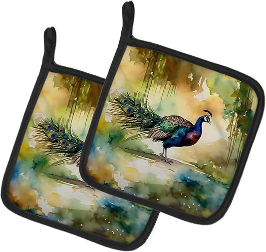 Caroline's Treasures Peacock Pair of Pot Holders Kitchen Heat Resistant Pot Holders Sets Oven Hot Pads for Cooking Baking BBQ, 7 1/2 x 7 1/2