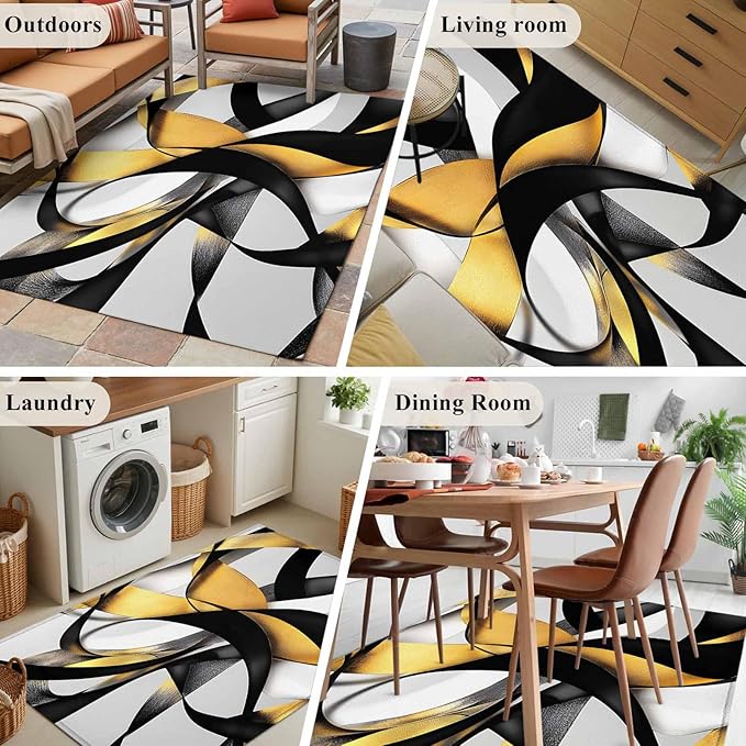Area Rug 4x6ft, Modern Geometric Stripe Texture Washable Rugs for Living Room Bedroom, Abstract Gold Black White Line Soft Non-Slip Area Rugs Rectangle Floor Carpet for Dining Room