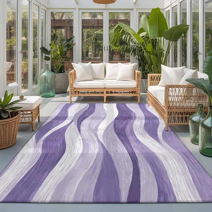 Area Rug 3x5ft, Abstract Lavender Purple White Water Ripples Washable Rugs for Living Room Bedroom, Modern Art Soft Non-Slip Area Rugs Rectangle Floor Carpet for Dining Room