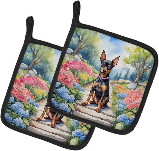 Caroline's Treasures Miniature Pinscher Spring Path Pair of Pot Holders Kitchen Heat Resistant Pot Holders Sets Oven Hot Pads for Cooking Baking BBQ, 7 1/2 x 7 1/2