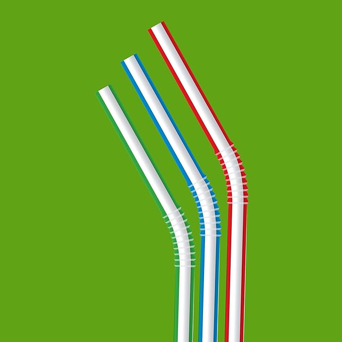 Amazon Basics Disposable Striped Plastic Flex Straws, 7.5" Long, Assorted Colors, 100 Count, Large Pack (Pack of 6)
