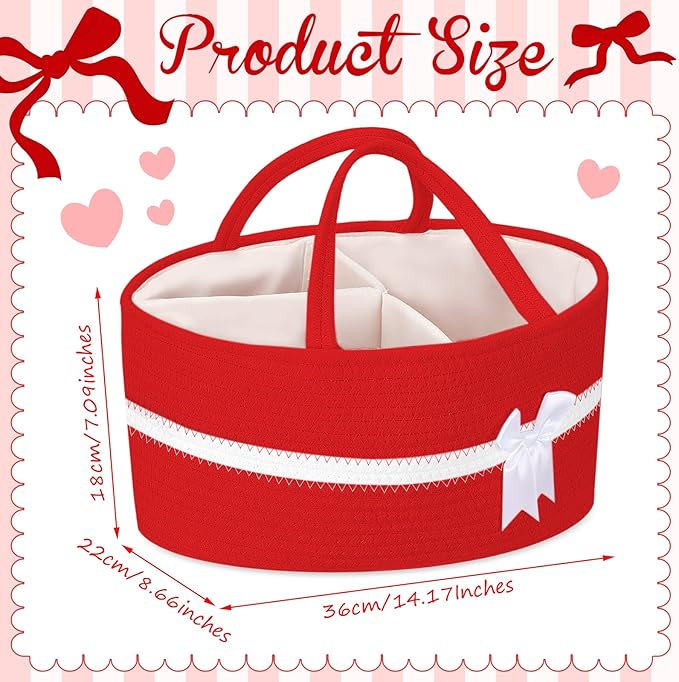 Yinkin 1 Pcs Extra Large Cotton Rope Storage Basket with Handles and Removable Divider Woven Gift Baskets with Bow for Closet Bedroom Nursery Toys Organizing, 14.17 x 8.66 x 7.09 Inch(Red and White)