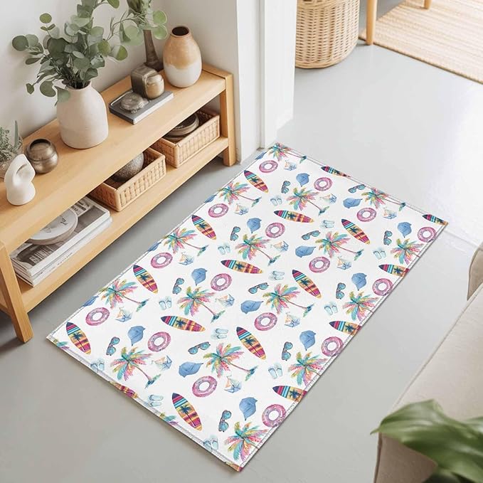 Area Rug 2x3ft, Summer Surfboard Coconut Tree Washable Rugs for Living Room Bedroom, Tropical Seamless Pattern Soft Non-Slip Area Rugs Rectangle Floor Carpet for Dining Room
