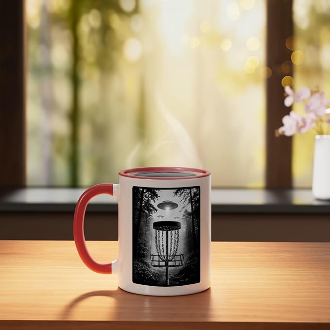 Disc Golf Basket UFO Selfie Funny Alien Wooded Hole Course Ceramic Mug, Red/White