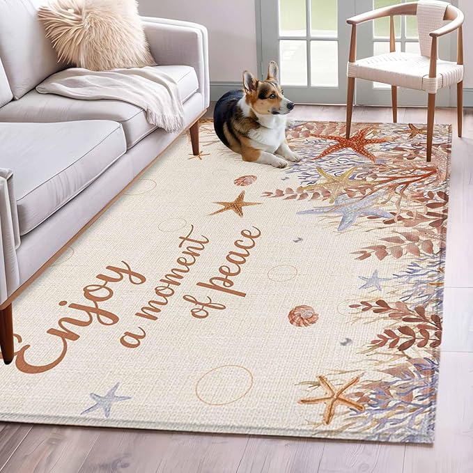 Area Rug 4x6ft, Orange Marine Starfish Coral Seaweed Washable Rugs for Living Room Bedroom, Peace Quote on Linen Soft Non-Slip Area Rugs Rectangle Floor Carpet for Dining Room