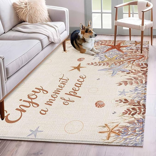 Area Rug 4x6ft, Orange Marine Starfish Coral Seaweed Washable Rugs for Living Room Bedroom, Peace Quote on Linen Soft Non-Slip Area Rugs Rectangle Floor Carpet for Dining Room